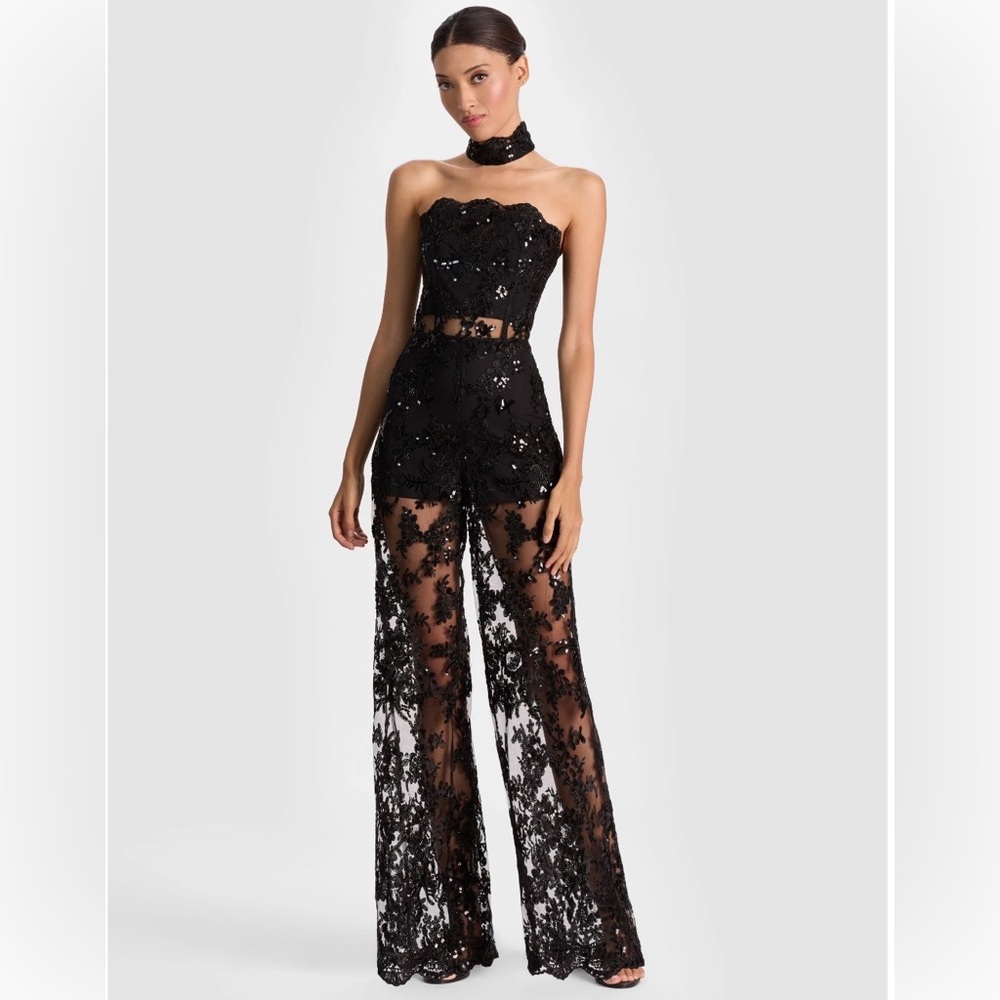 Alice + Olivia Black Sequin Lace Jumpsuit